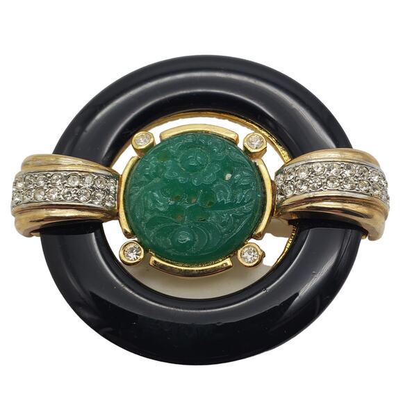 Gem Craft Green & Black Brooch Deco Carved Stone Pave Crystal Faux Jade Pin Vtg - Picture 1 of 8
